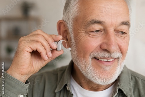 Senior man putting hearing aid in ear. Elderly person enjoying life with medical device for deafness. Modern technology for auditory correction and health care solution for hearing loss.