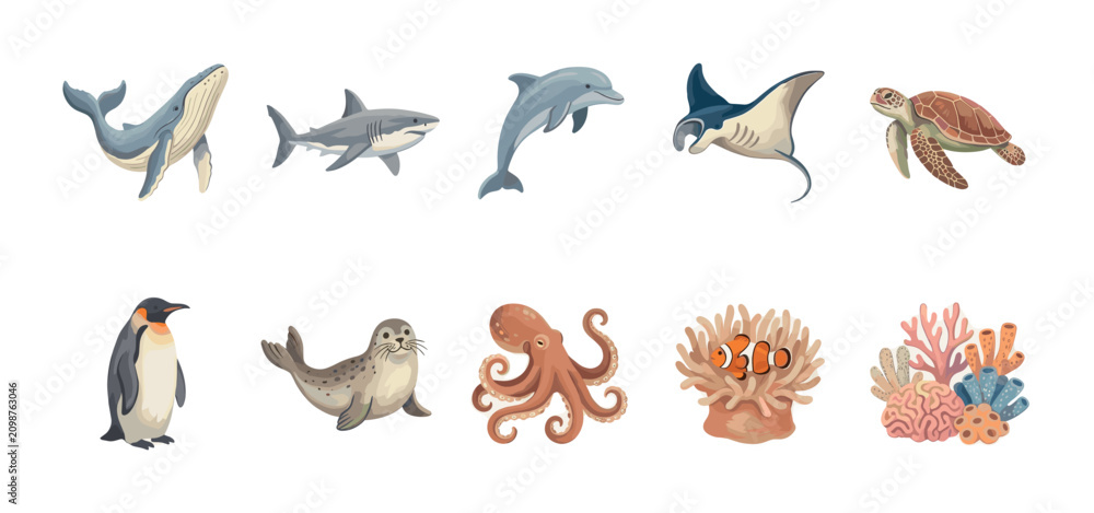 Fototapeta premium Various colorful cartoon marine animals and sea creatures are depicted in a collection on a clean white background