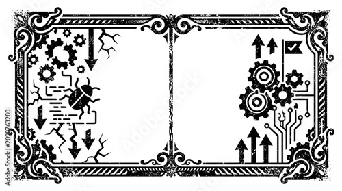 Bug vs. Solution: Gears, Arrows, Circuit Board, Cracked Frame