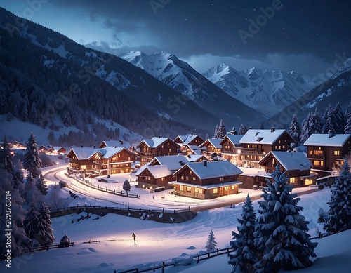 Snowy village in mountain resort town.
