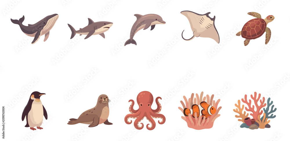 Fototapeta premium Various cartoon marine animals and sea creatures are depicted in a flat vector style on a clean white background