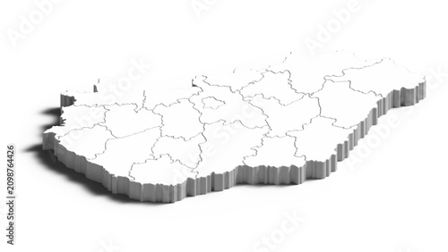 Tableau sur toile Hungary 3D Map with Counties Boundaries, Minimal Central Europe Country Administ