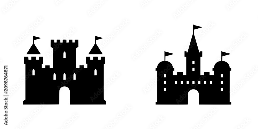 Fototapeta premium Castles with Flags on Top in Black and White Vector Illustration Featuring Castle, Medieval, Flag with Tower and Fortress