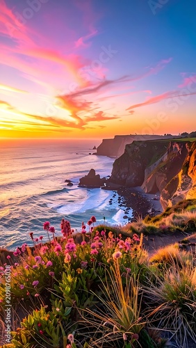 Sunset over ocean with cliffside flowers.