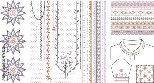 Foto Elegant Floral Embroidery Neckline and Border Vector Design Elements Set for Tra
