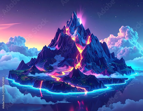 Vibrant Fantasy Mountain Landscape with Lava.