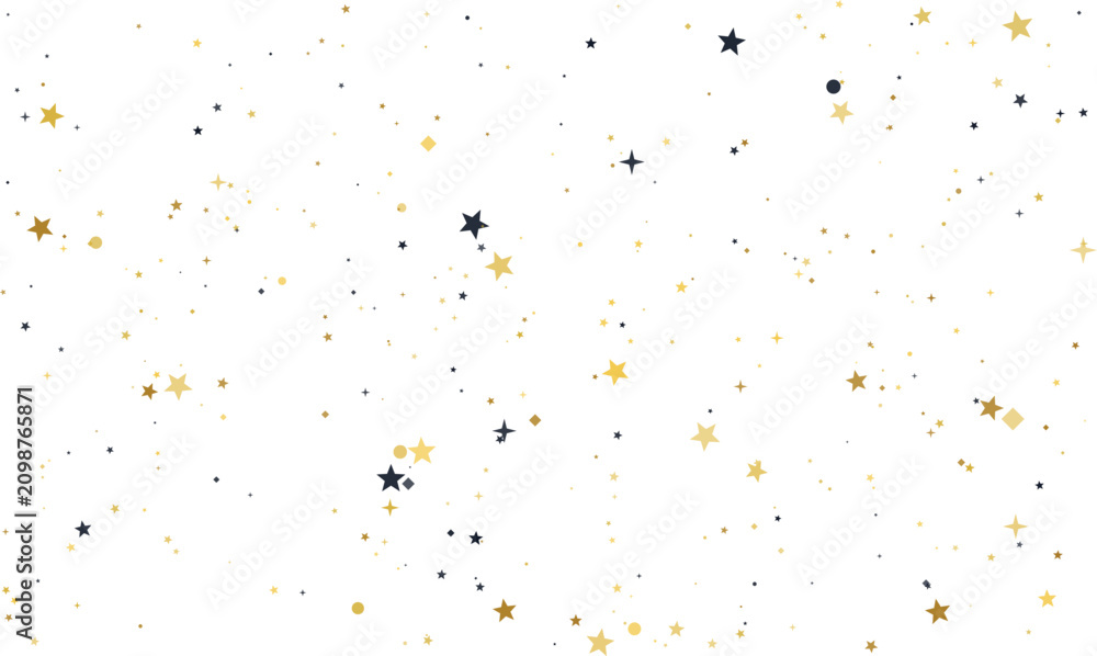 Fototapeta premium Gold and navy blue stars scattered across a clean white background with a bokeh effect