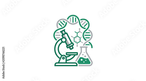 A microscope and beaker are on a lab table with DNA molecules floating above.
