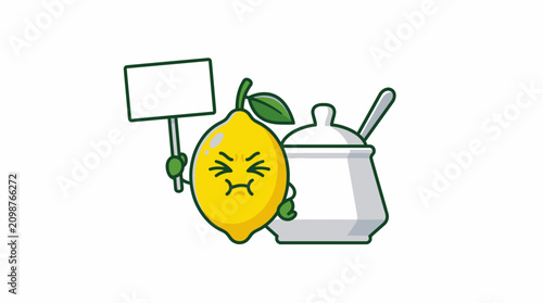 Принти на полотні Angry lemon holds protest sign next to a teapot on a table indoors