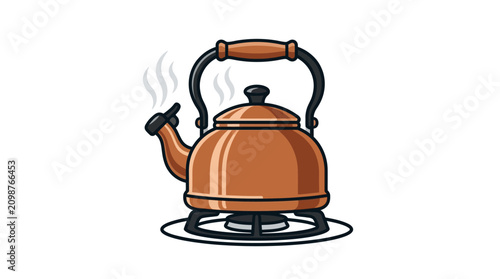A steaming hot kettle sits on a burner in a kitchen.