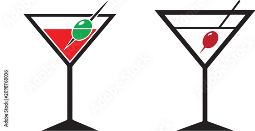 Bild auf Leinwand Martini glass vector icons with cocktail liquid and olive on toothpick for bar m