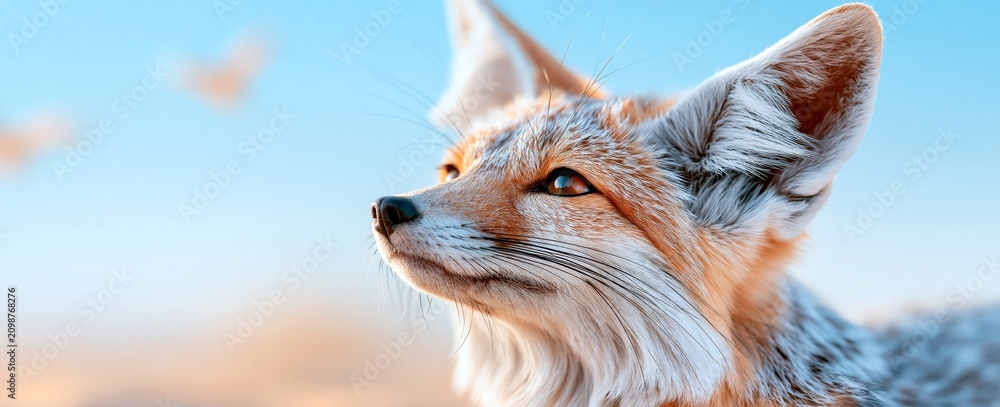 Fototapeta premium Close-up portrait of a charming fennec fox with oversized ears in soft natural light, highlighting desert wildlife beauty.