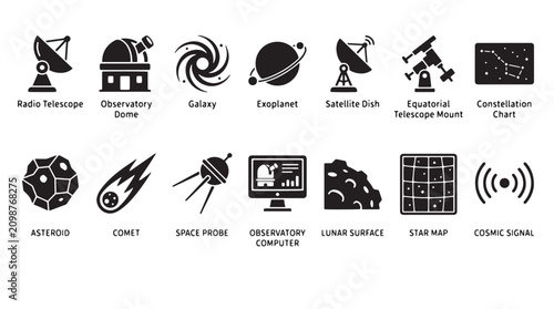 Photos Space icons, astronomy symbols, cosmic signs, 16 celestial graphics