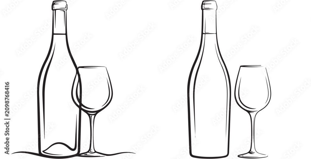Obraz premium Minimalist wine bottle and glass line art vector illustration set for winery logo and menu design