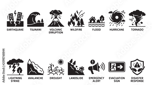 Foto Disaster icons, emergency symbols, natural disaster signs, warning graphics