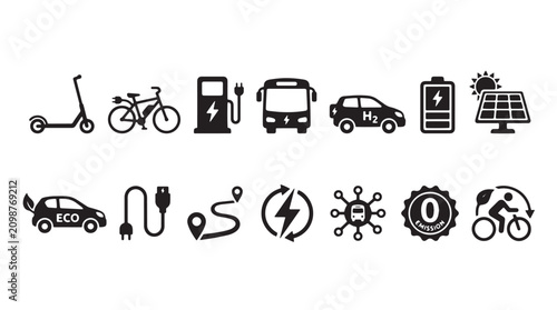 Eco friendly transportation icons, sustainable energy symbols, electric vehicle signs, solar power graphics
