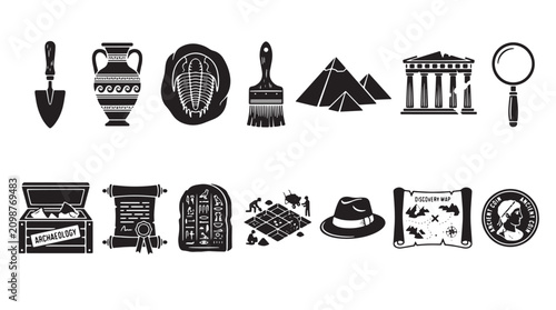 Tableau sur toile Archaeology, ancient history icons, 12 black and white symbols, vector illustrat