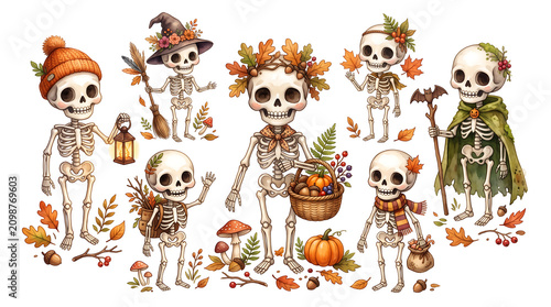 Cute cartoon skeletons in fall autumn costumes with pumpkins, maple leaves, and acorns, spooky Halloween characters illustration.