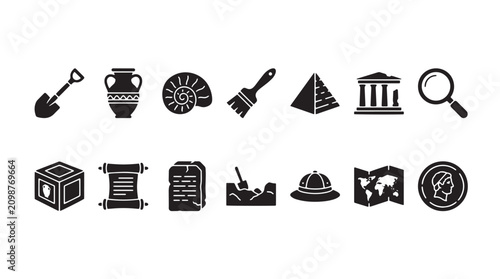 Photos Archaeology, ancient history icons, 12 black and white symbols, artifacts, excav
