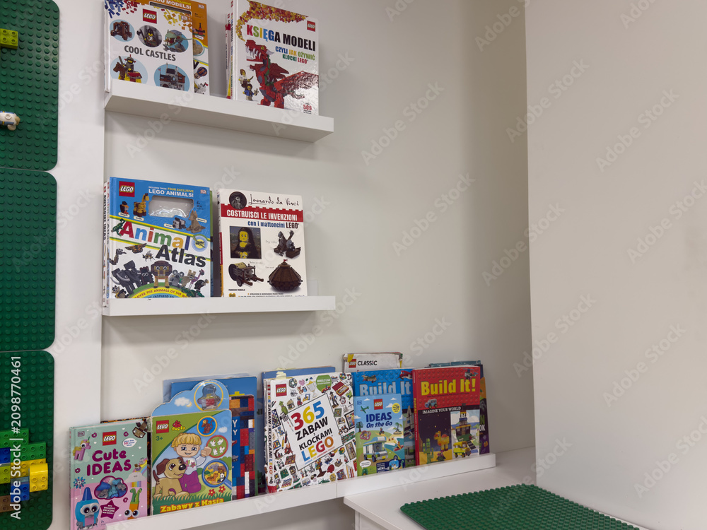 Obraz premium White shelf with lego books in a bright kids playroom, with green baseplates on the wall and table