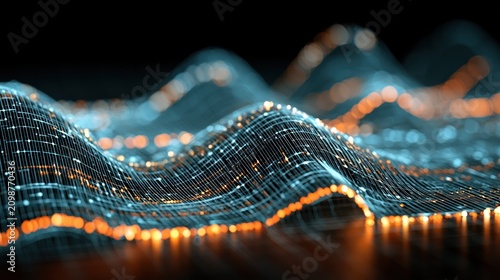 Abstract glowing data waves on dark background.