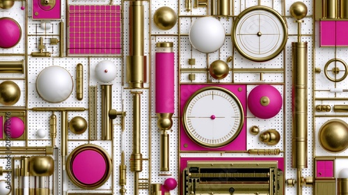 Abstract mechanical assembly of pink and gold pipes.