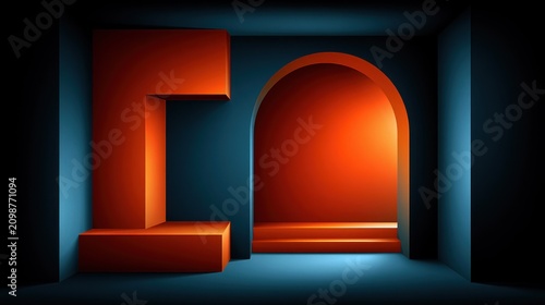 Abstract orange archway and geometric blocks scene.