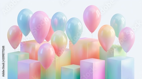 Translucent pastel 3D balloons and rectangular blocks.