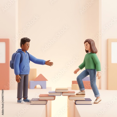 3D Illustration of Students Crossing a Bridge Made of Books for Education Concept