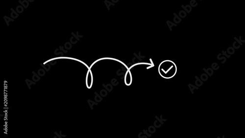 Konstfotografi White hand drawn line of a winding arrow path leading to a circular checkmark symbol on a stark black background representing a clear objective achieved or a decisive positive outcome