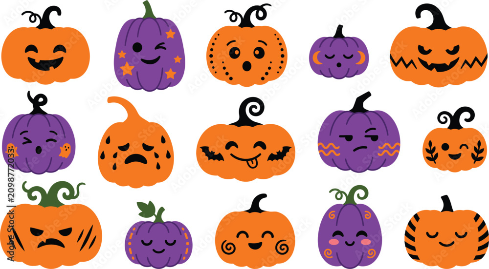 Fototapeta premium Colorful cartoon pumpkins with faces cute halloween vector illustration on white background