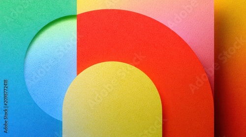 Abstract geometric paper layers in vibrant primary colors.