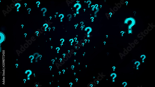 Konstfotografi A dense scattering of bright cyan question marks floats and drifts across a dark