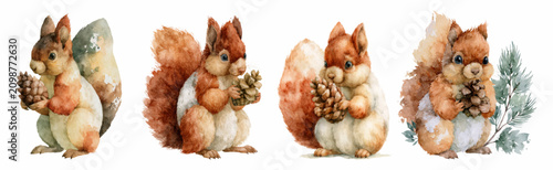 Фотография Cute watercolor squirrels with bushy tails holding pine cones, representing autu