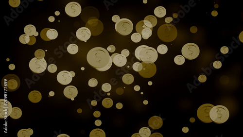 Tableau sur toile Numerous golden coins with dollar signs scattered and floating in a dark, bokeh-