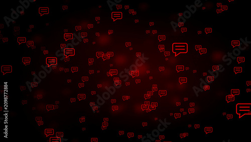Numerous glowing red chat bubble are dispersed and moving within a dark, abstract background with soft red bokeh effects, symbolizing online conversations, social media interactions, and digital