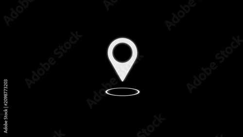 A stark white map pin with a subtle white circular outline below it, presented on a pure black background, symbolizing location, navigation, and marking a specific point with contrast