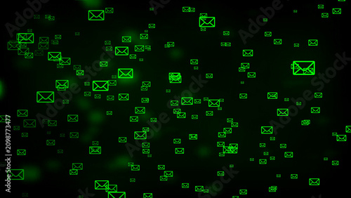 A multitude of glowing green envelope are scattered and floating in a dark, abstract digital environment, suggesting a constant flow of digital communication, emails, messages, and online