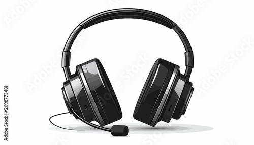 Bild auf Leinwand Black wired headphones with microphone.