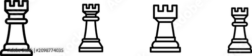A minimalist black outline icon of a chess rook stands tall against a pure white background, exuding strategic elegance in its flat vector style