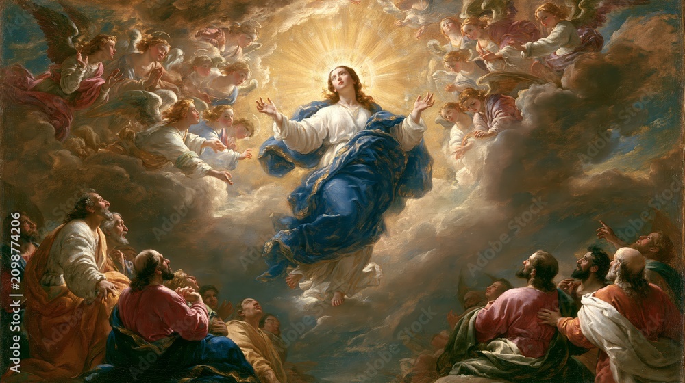 Obraz premium Classical religious artwork depicting the Assumption of the Blessed Virgin Mary surrounded by angels and apostles in radiant heavenly light, symbolizing faith, hope, glory, and Christian devotion.