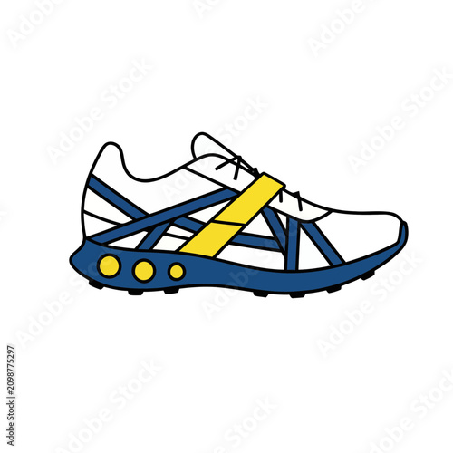 White and blue athletic shoe with yellow accent
