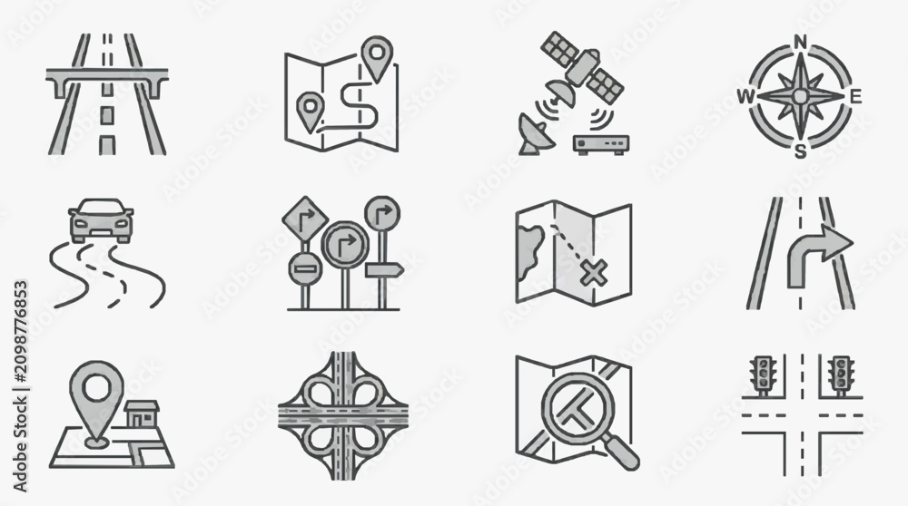 Fototapeta premium Dynamic Black and White Line Icons Set Featuring Navigation Road Signs GPS and Traffic Signals with high quality professional line art symbols for modern creative design and digital branding projects