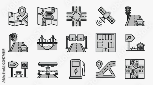 Photos Dynamic Black and White Line Icons Set Featuring Road Signs Traffic Signals Navi