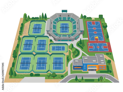 Isometric Sports Complex Stadium and Tennis Courts Map