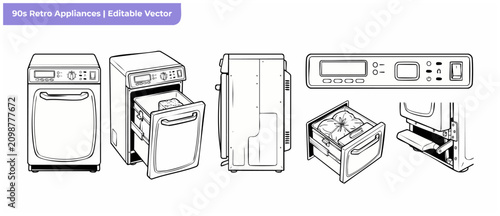 Tableau sur toile Retro trash compactor vector line art set showing technical views, control panel, open drawer diagram, 90s vintage kitchen appliance blueprint style illustration for product design