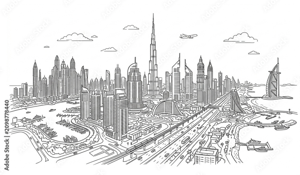 Fototapeta premium Modern Dubai skyline panoramic hand drawn vector illustration isolated on white