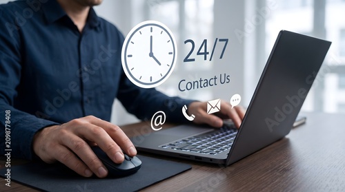 24/7 customer service with digital contact icons and clock