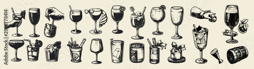 An assortment of elegant cocktail glasses filled with colorful beverages and garnished with fruits and herbs, perfect for celebrations, parties, and social gatherings.