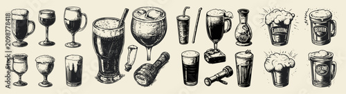 Hand-drawn sketch illustration featuring a diverse collection of drinkware including beer glasses, bottles, and cocktail glasses, suitable for celebrations, parties, and social gatherings.
